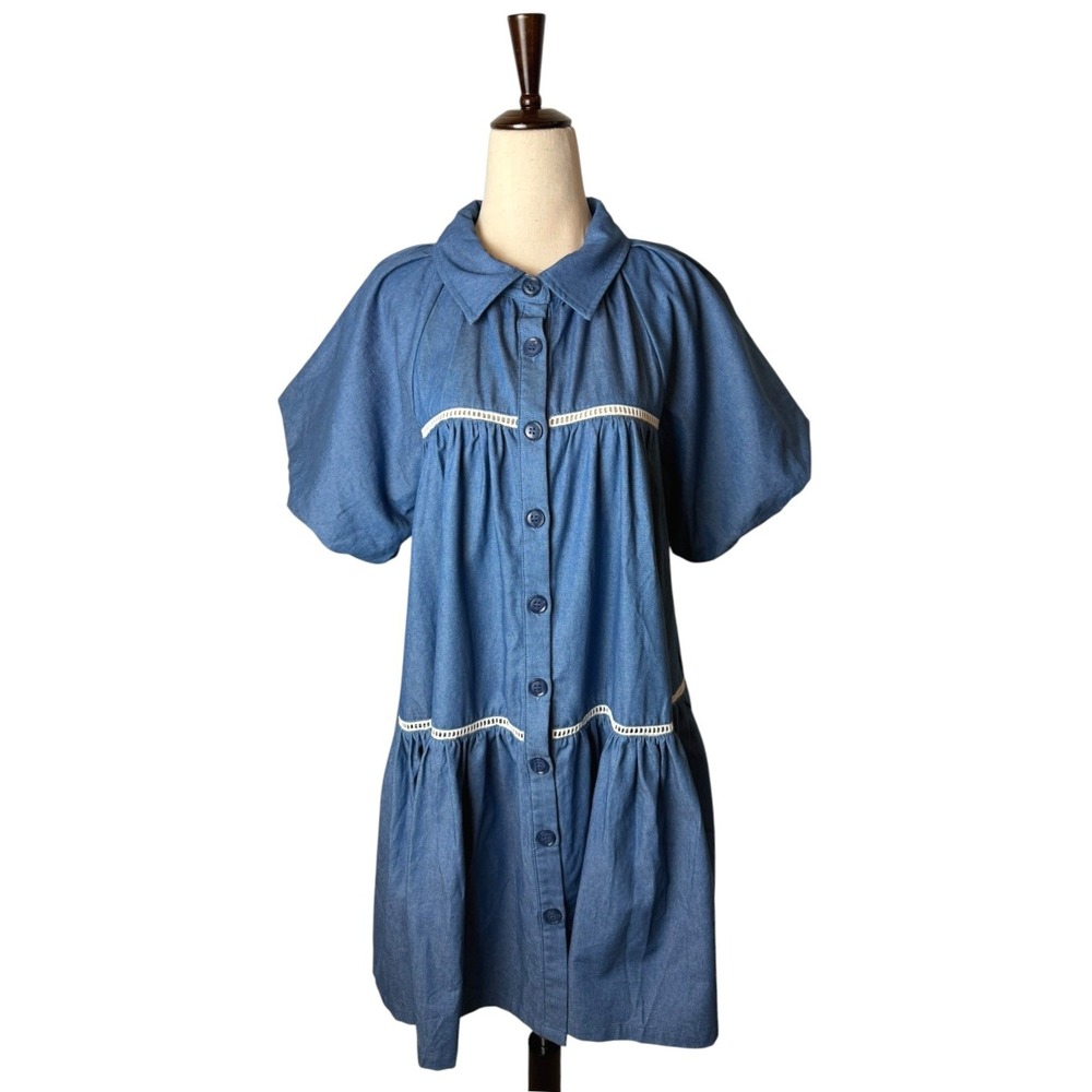 En Saison Tara Tiered Cotton Trapeez Shirtdress Women Medium Blue Mini Bohoi - Picture 2 of 11